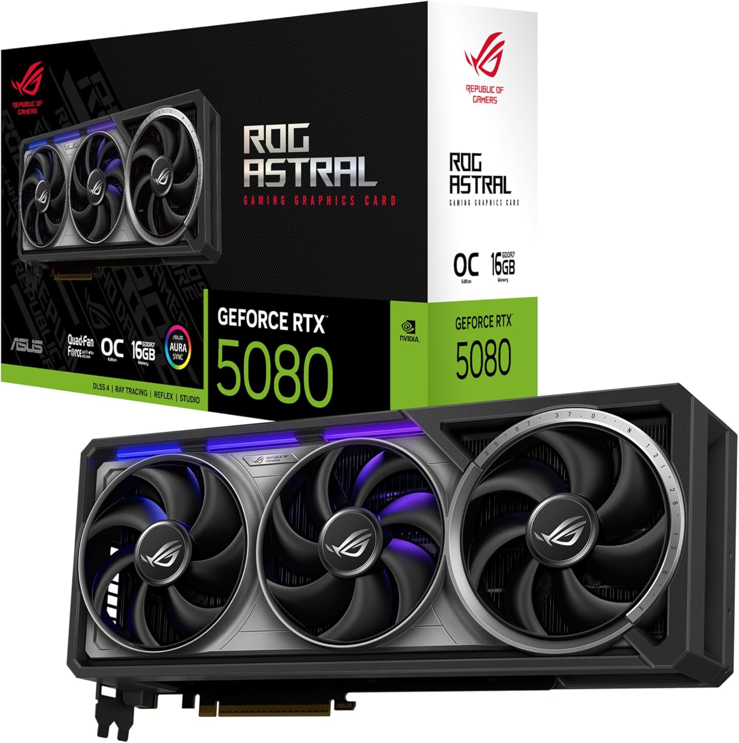 ASUS ROG Astral NVIDIA GeForce RTX™ 5080 16GB GDDR7 OC Edition Gaming Graphics Card (PCIe® 5.0, HDMI®/DP 2.1, 3.8-Slot, 4-Fan Design, Axial-tech Fans, Patented Vapor Chamber), 3 Year Warranty